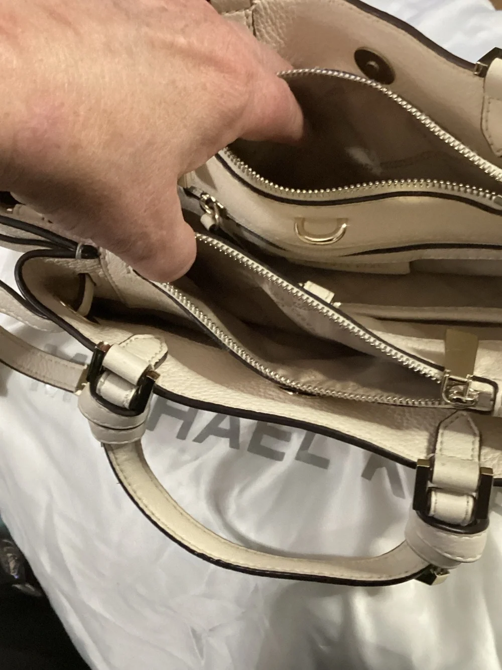 Michael Kors Almond Leather Shoulder Satchel with Gold Hardware lots of pockets!